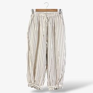 Whisper Mint Linen Barrel Leg Cropped Pants Size M Cream Gray Stripe Cottagecore